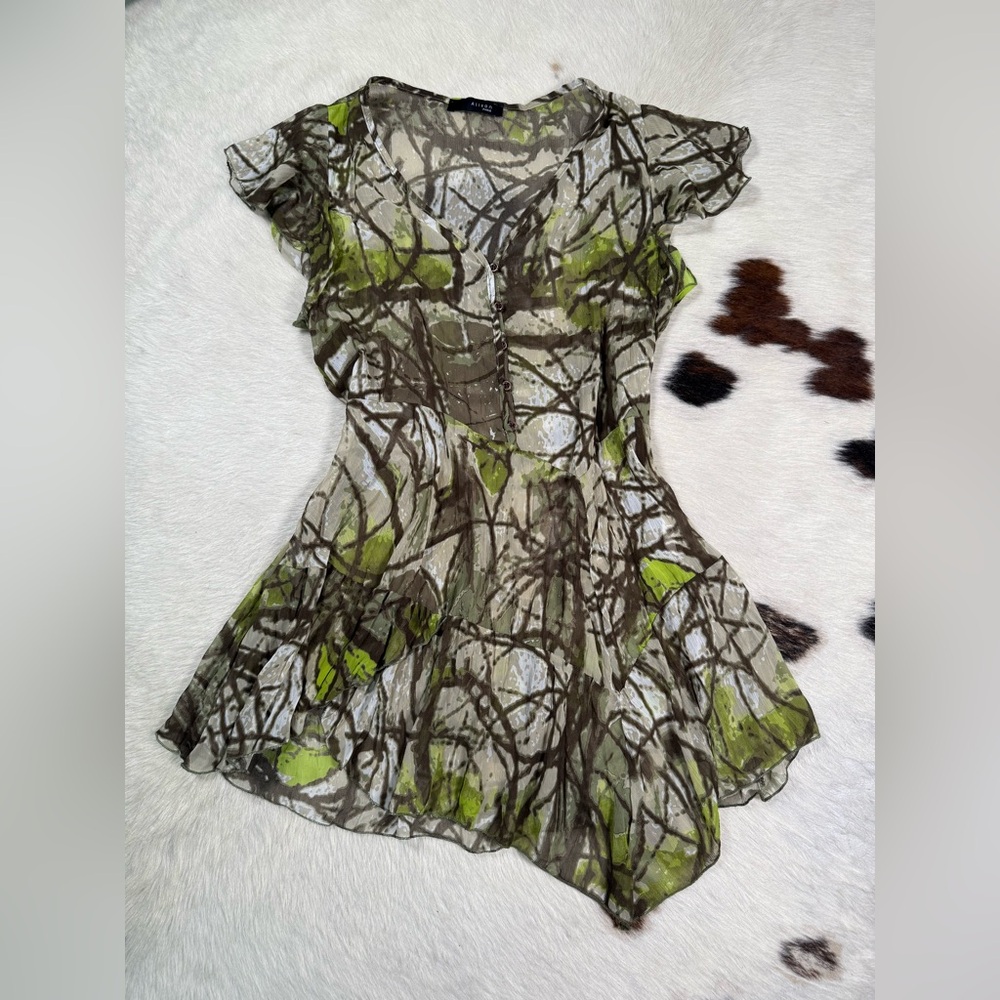 Fairycore Y2K festival sheer realtree ruffle asymmetrical dress/shirt small
